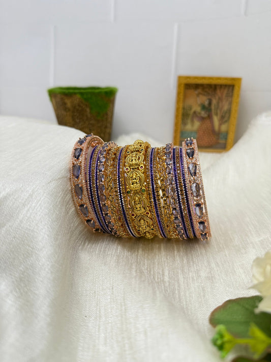 Luxurious And Rich Purple Rose - Gold Bridal Stone Bangle Set - 5126 - Mahilas