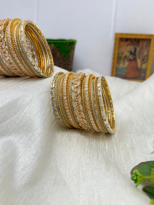 Luxurious And Royal Beige And White - Gold Bridal Stone Bangle Set - 5125 - Mahilas