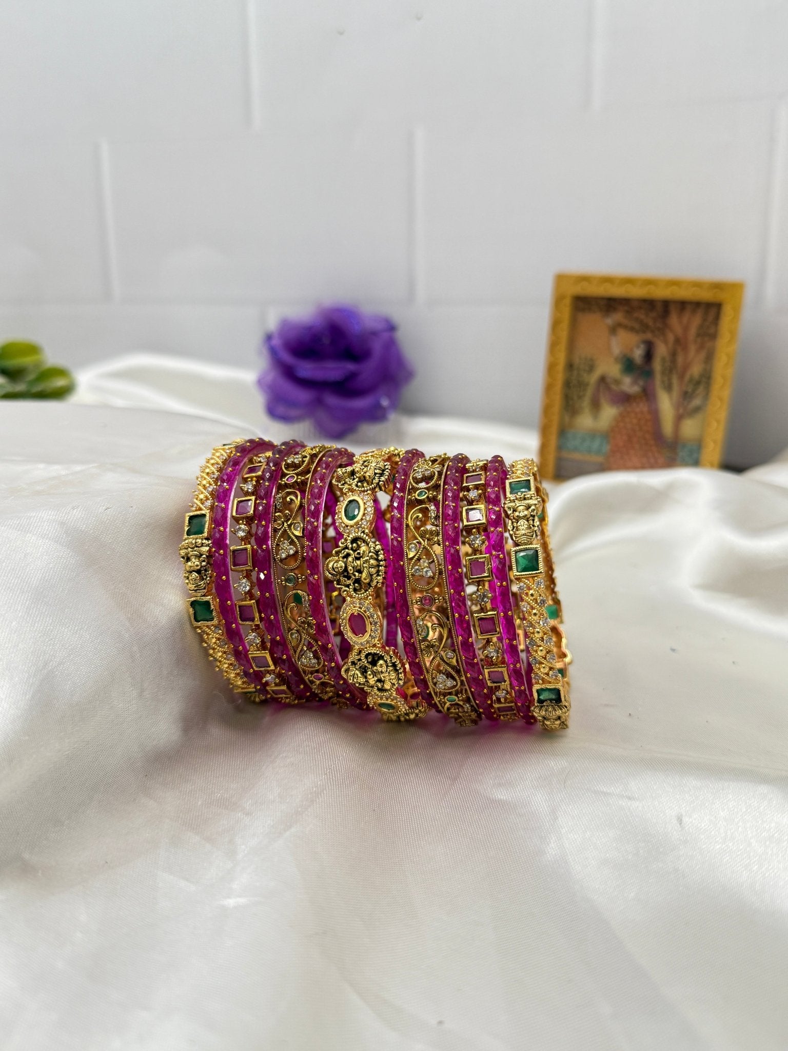 Luxurious Antique Bangle Set With Rani Pink Rain Drop Glass & Metal Bangle Set - 5144 - Design 2 - Mahilas