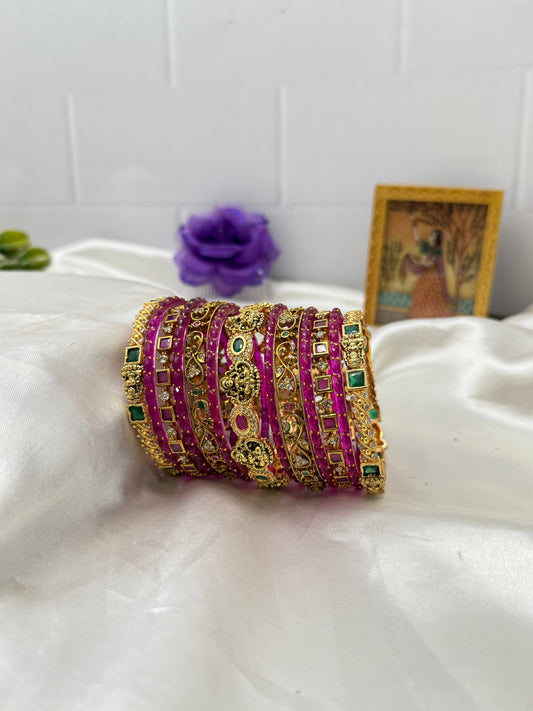 Luxurious Antique Bangle Set With Rani Pink Rain Drop Glass & Metal Bangle Set - 5144 - Design 2 - Mahilas