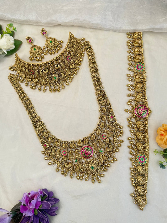 Luxurious Antique Bridal Necklace Set with Vaddanam 905 - Mahilas
