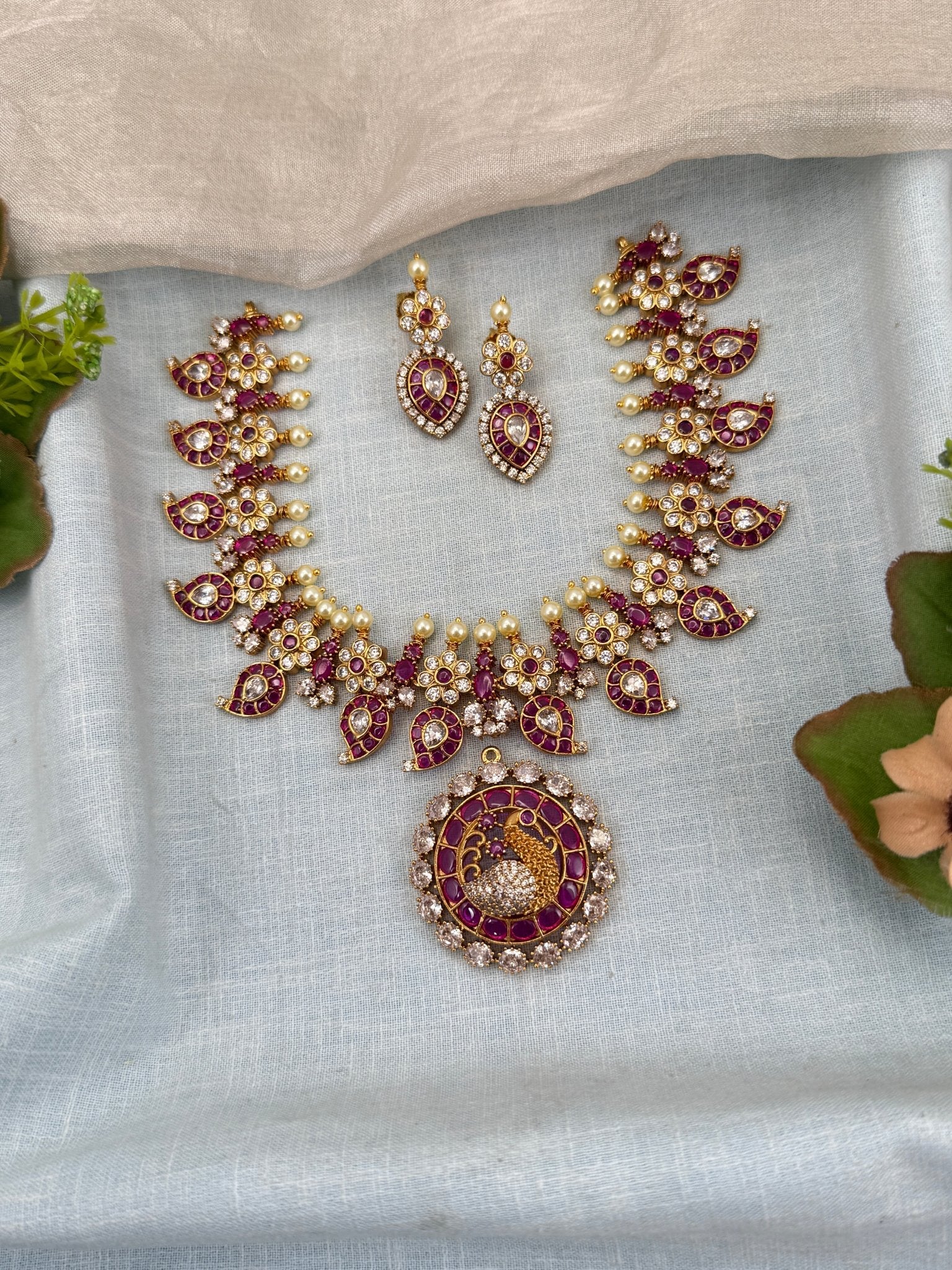 Luxurious Antique Detachable Peacock Pendant Semi Bridal Necklace Set 0624 - Mahilas