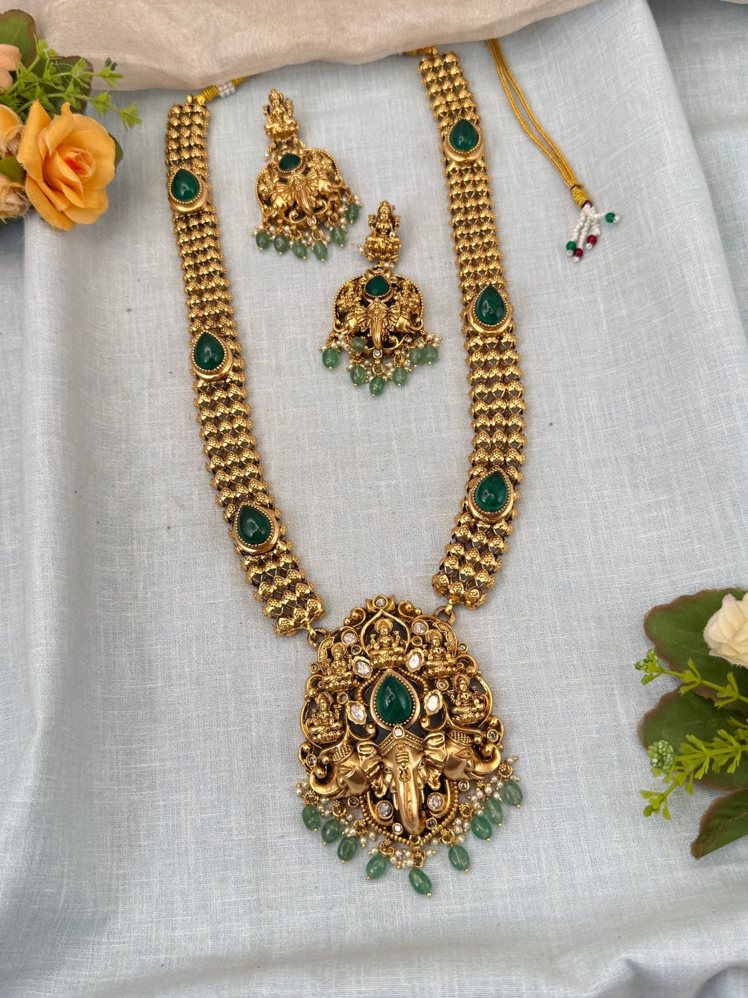 Luxurious Antique Ganesha Pendant Long Necklace Set 0439 - Mahilas