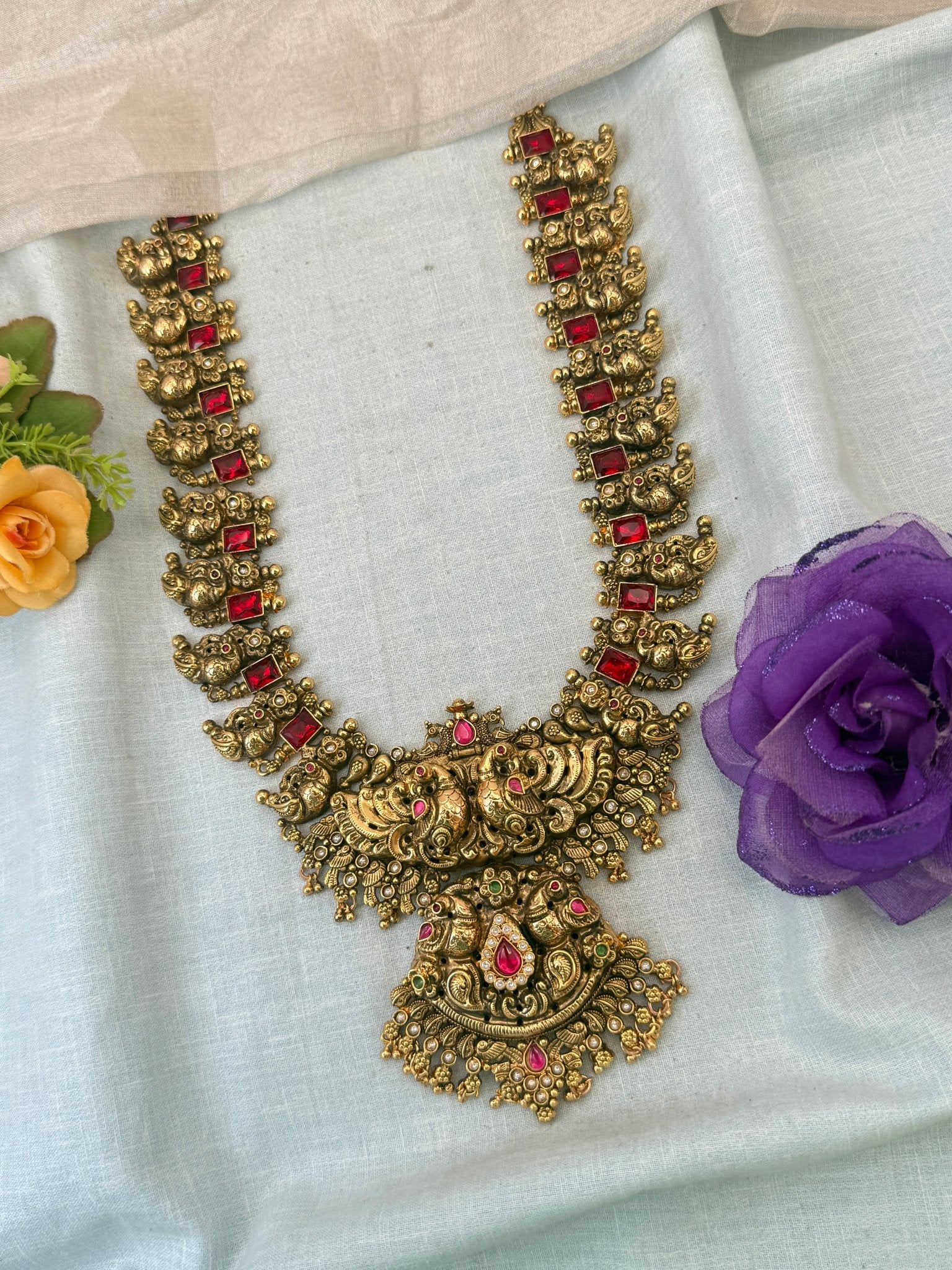 Luxurious Antique Gold Like Ruby Premium Long Necklace Set 1060 - Mahilas
