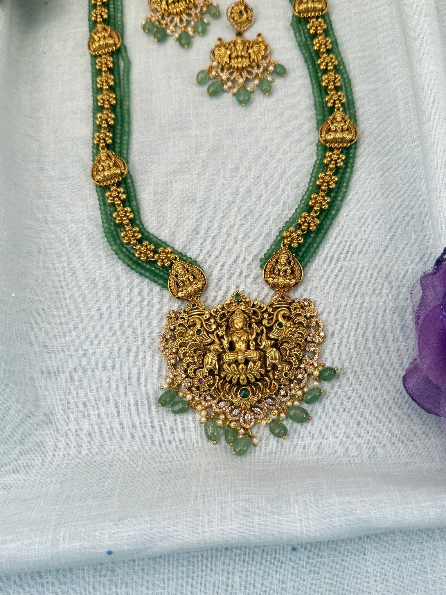 Luxurious Antique Green Beads Layer Lakshmi Long Necklace Set 0588 - Mahilas