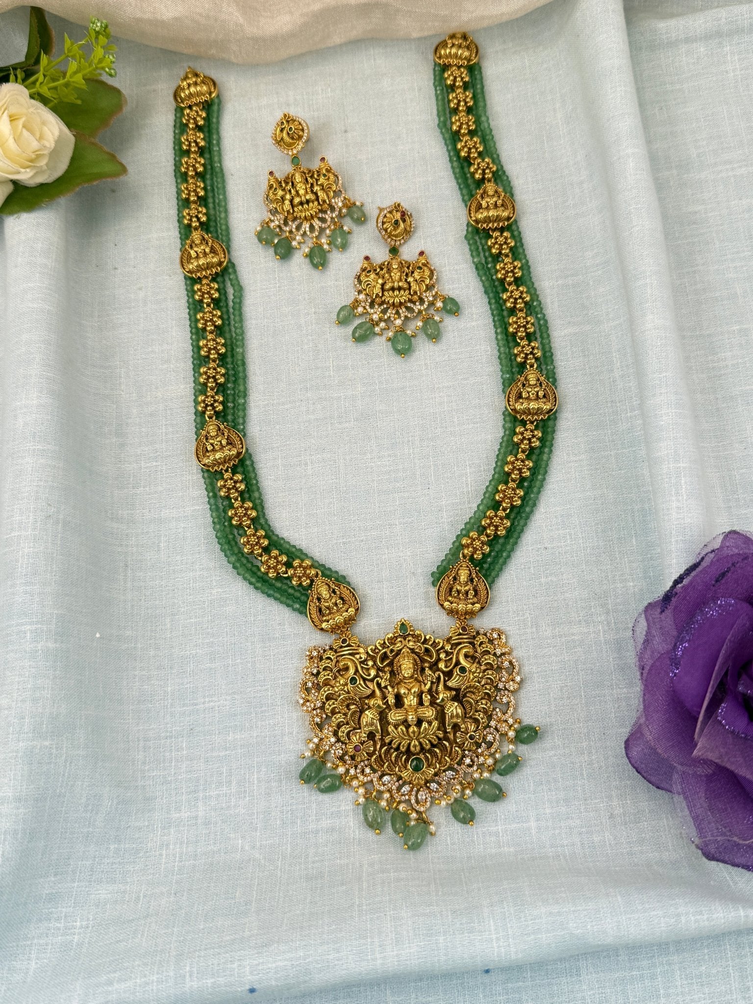 Luxurious Antique Green Beads Layer Lakshmi Long Necklace Set 0588 - Mahilas