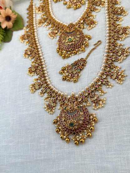 Luxurious Antique Guttapusalu Style Semi Bridal Necklace Set 0923 - Mahilas