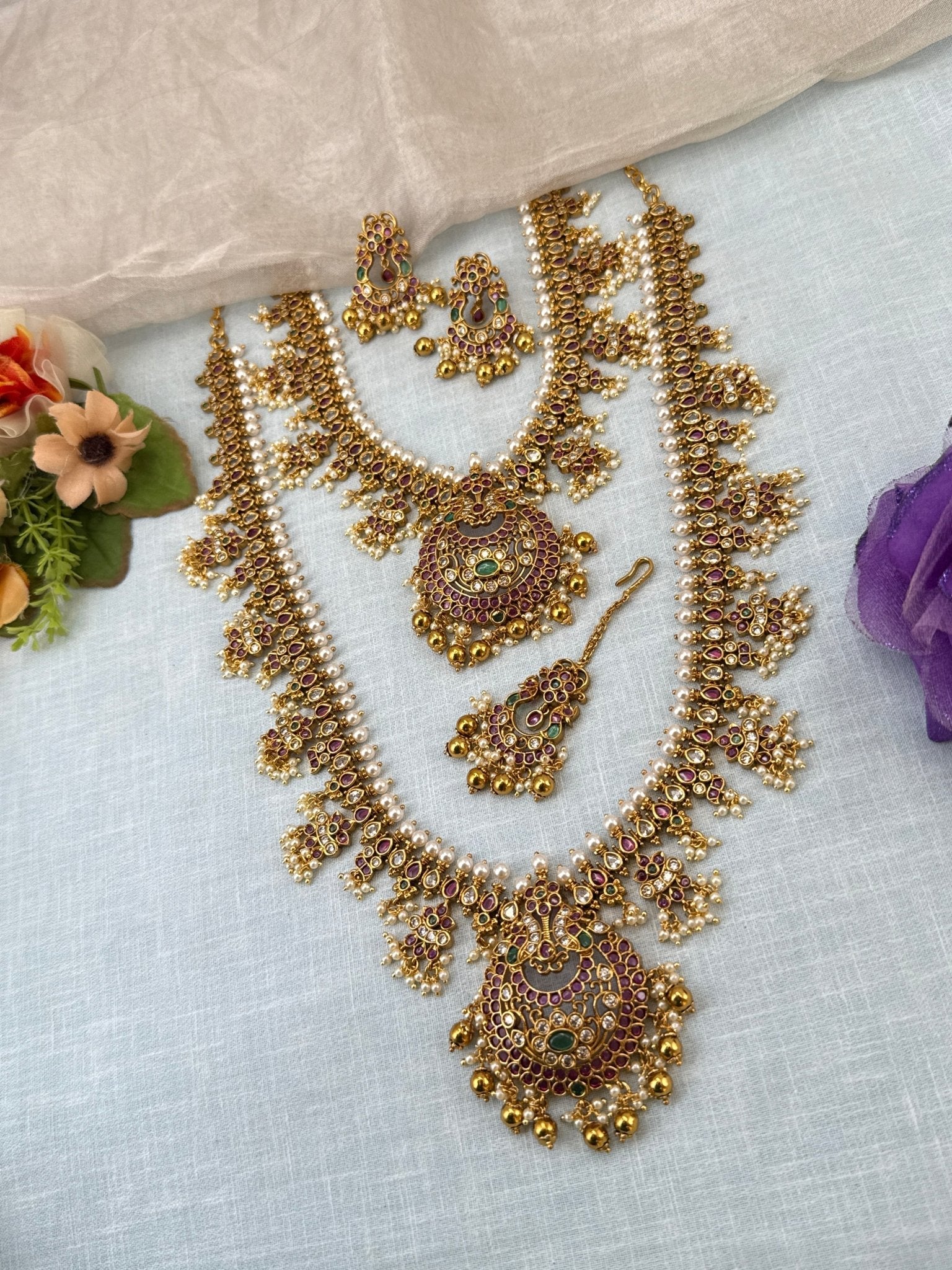 Luxurious Antique Guttapusalu Style Semi Bridal Necklace Set 0923 - Mahilas