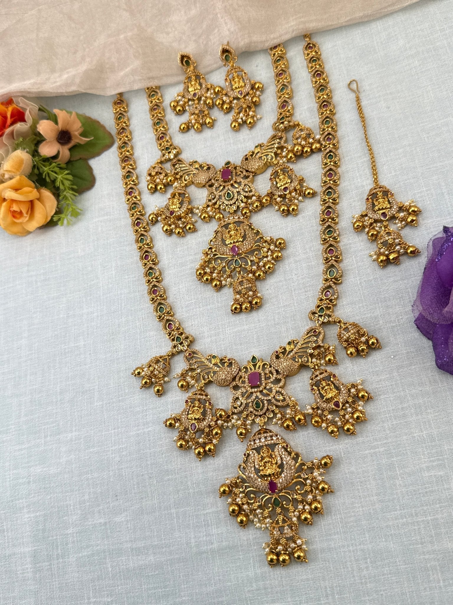 Luxurious Antique Guttapusalu Style Semi Bridal Necklace Set 0929 - Mahilas