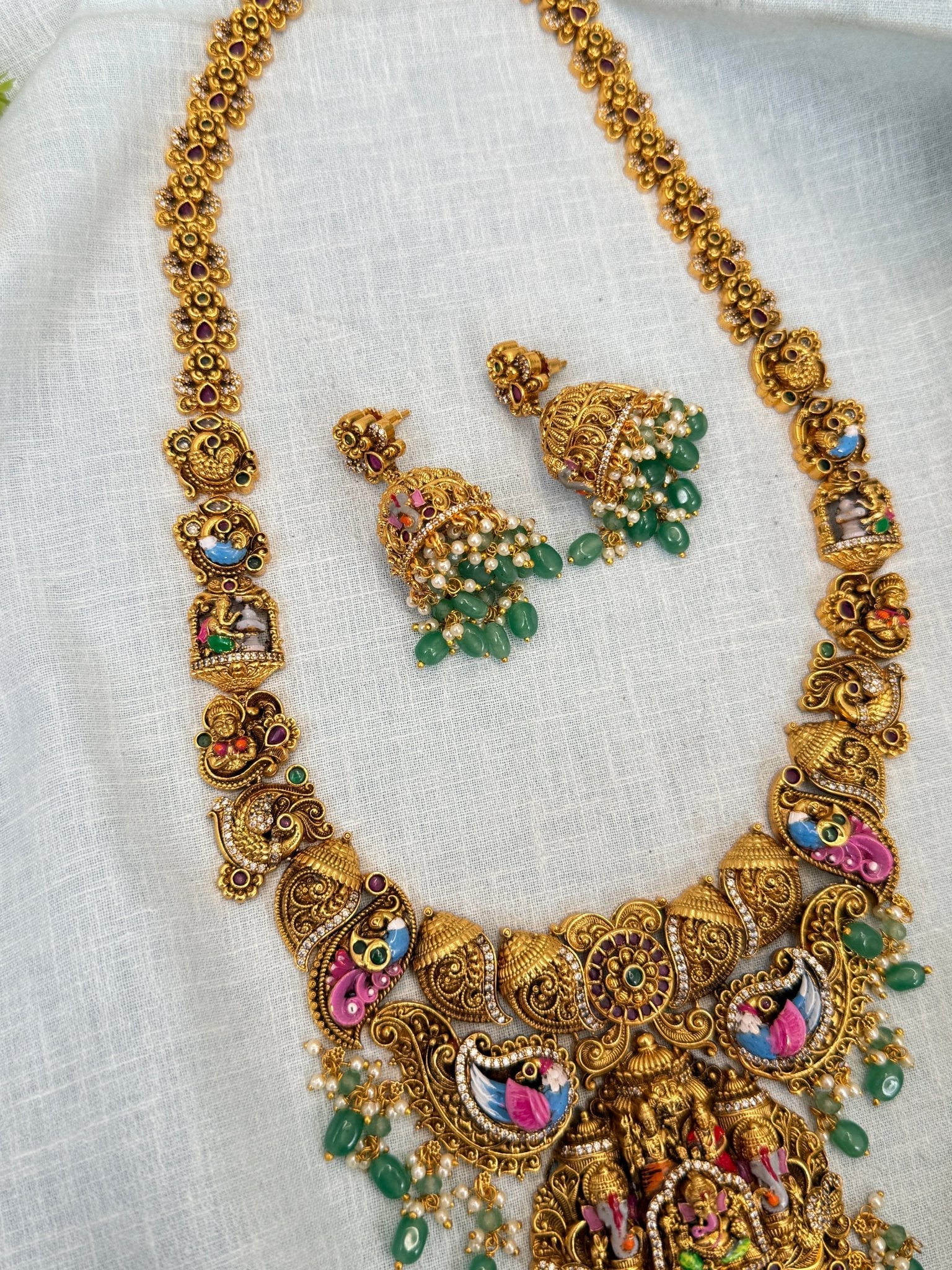 Luxurious Antique Hand Paint Ganesh Long Necklace Set 0333 - Mahilas