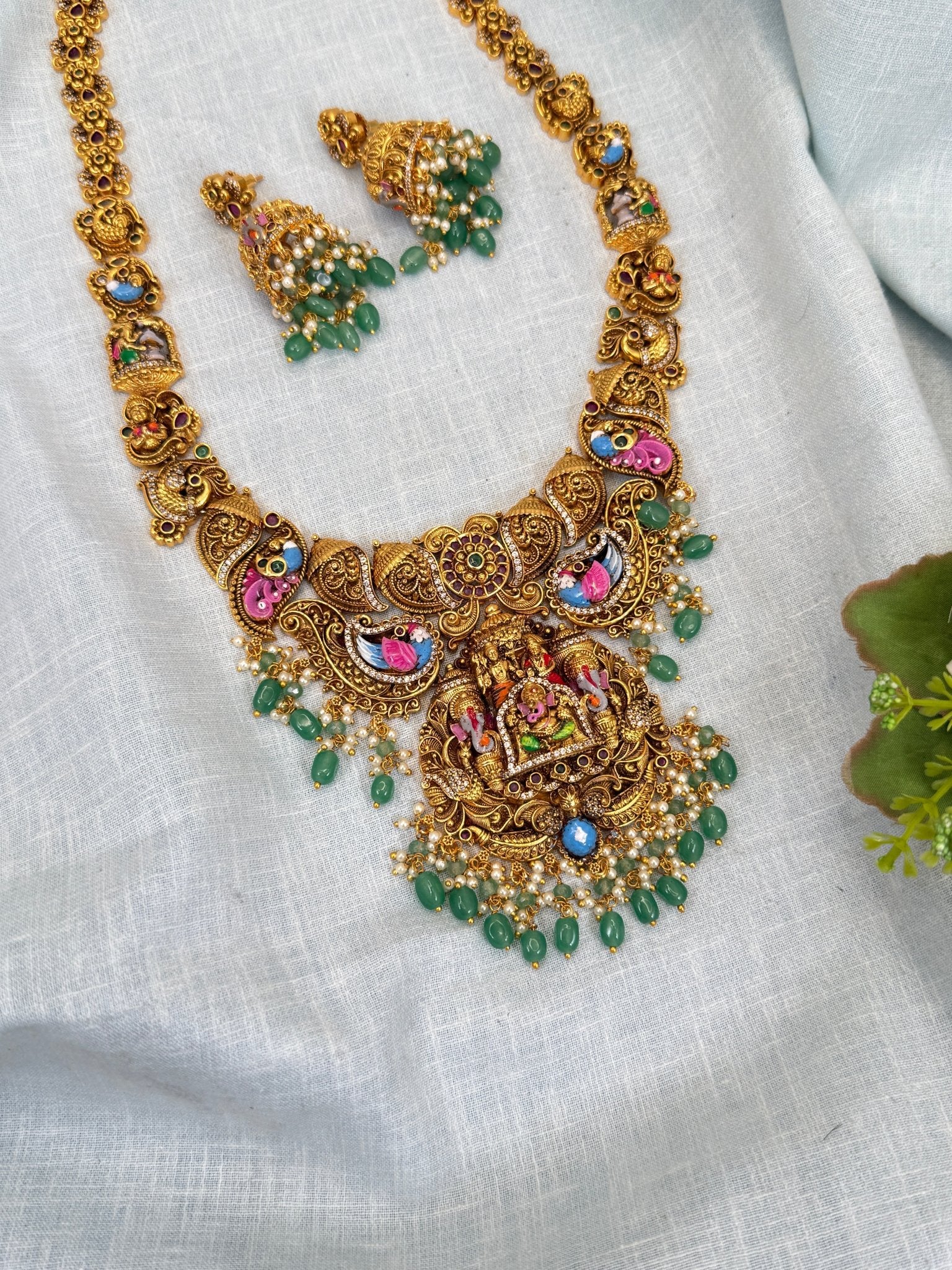 Luxurious Antique Hand Paint Ganesh Long Necklace Set 0333 - Mahilas