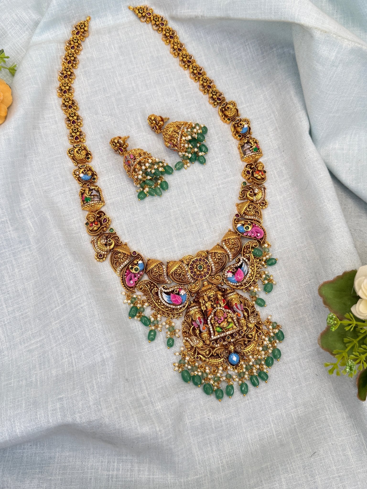 Luxurious Antique Hand Paint Ganesh Long Necklace Set 0333 - Mahilas
