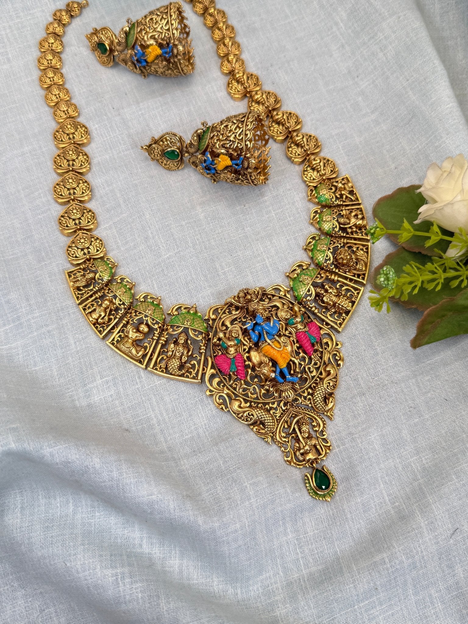 Luxurious Antique Hand Paint Krishna Long Necklace Set 0332 - Mahilas