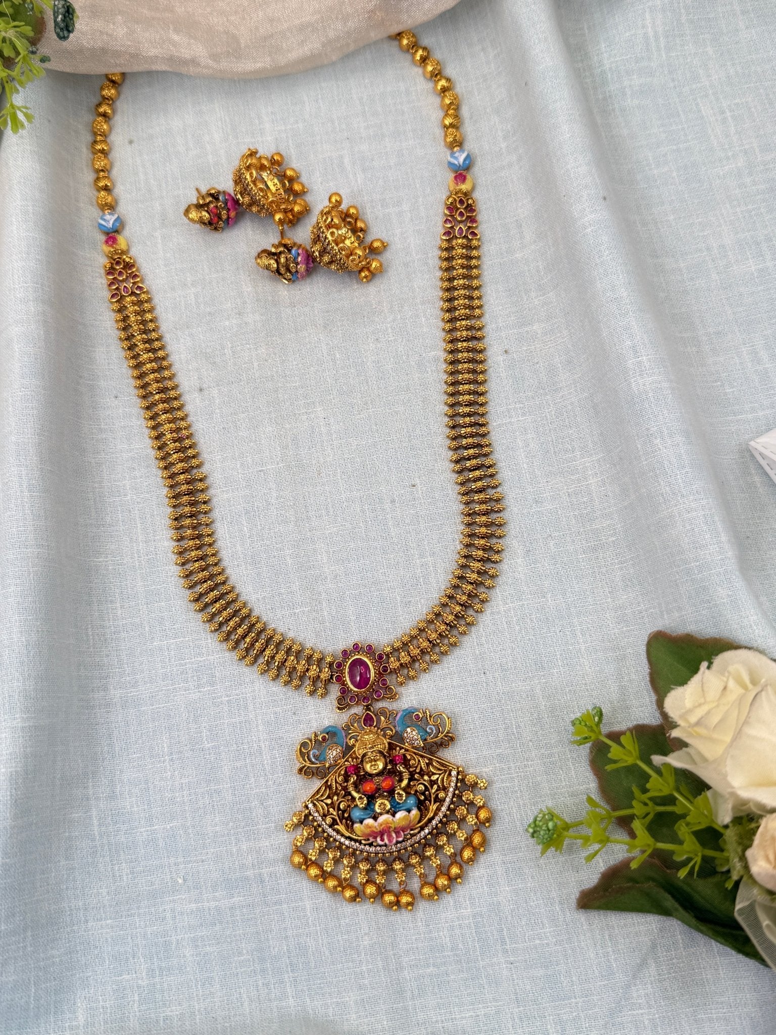 Luxurious Antique Hand Painted Lakshmi Long Necklace Set 0396 - Mahilas