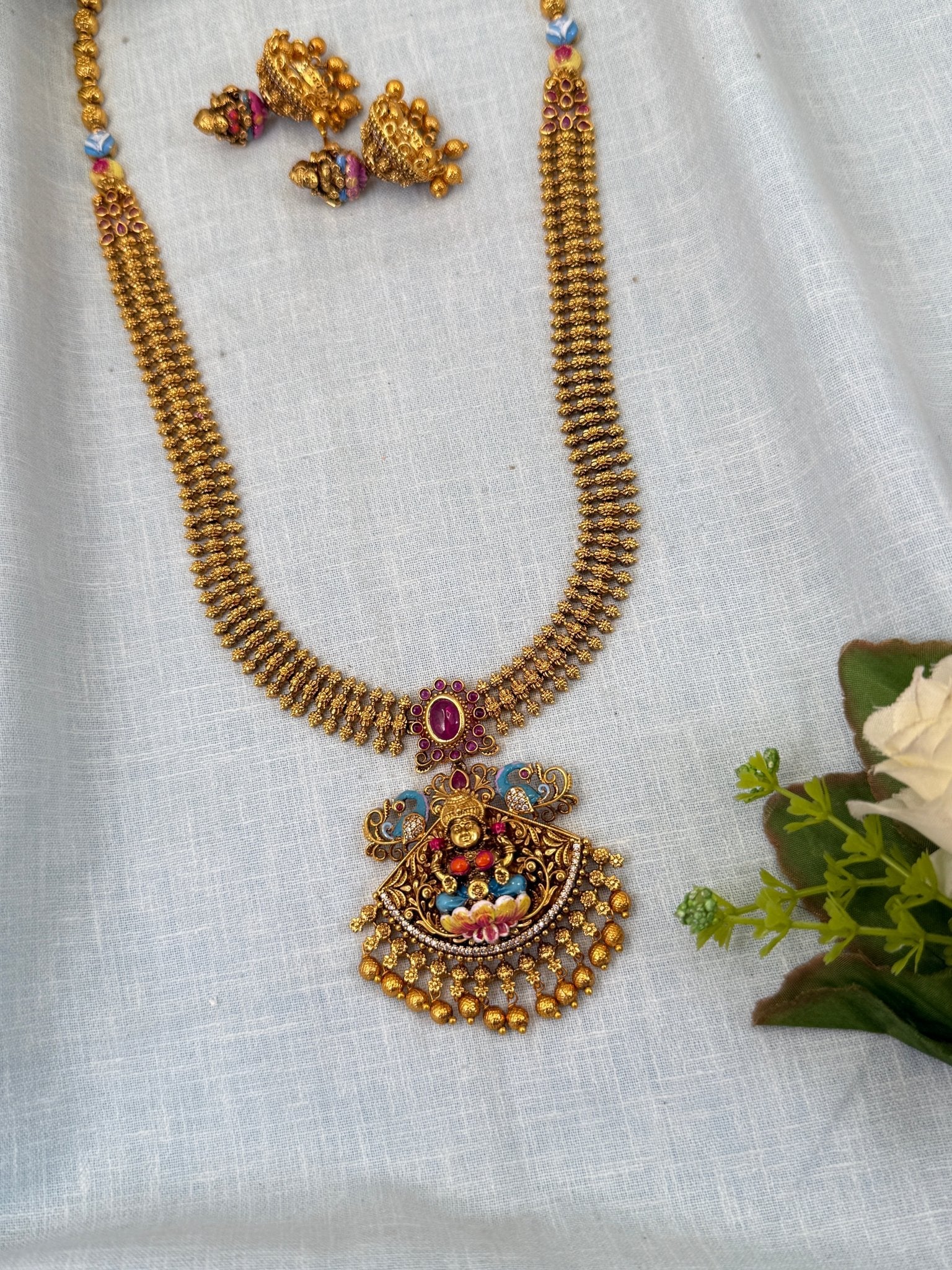 Luxurious Antique Hand Painted Lakshmi Long Necklace Set 0396 - Mahilas