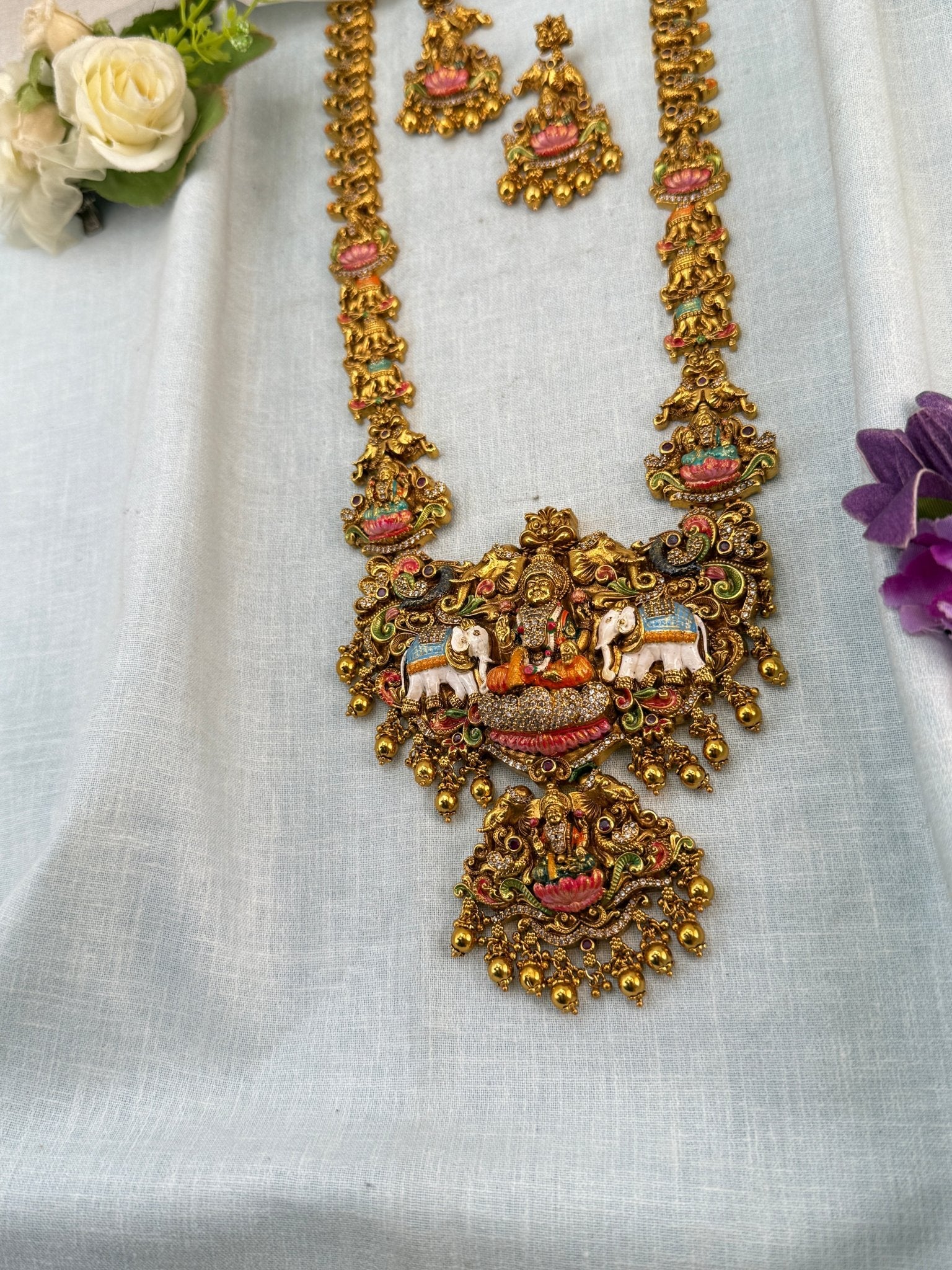 Luxurious Antique Hand Painted Lakshmi Long Necklace Set 0833 - Mahilas