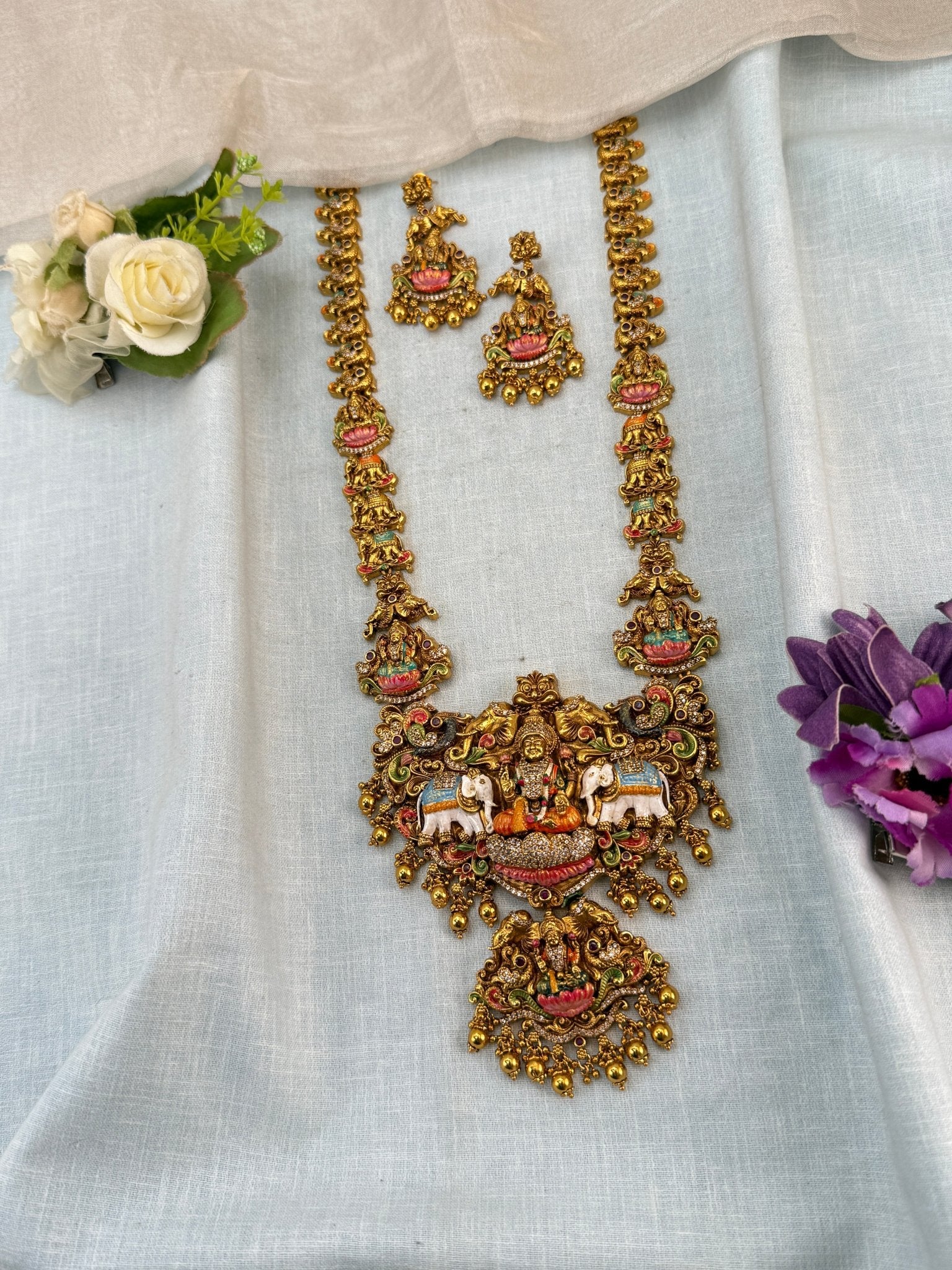 Luxurious Antique Hand Painted Lakshmi Long Necklace Set 0833 - Mahilas