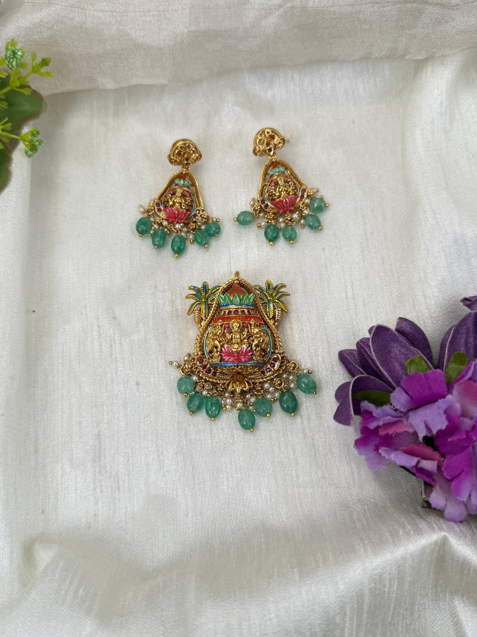 Luxurious Antique Hand Painted Lakshmi Pendant Set 237 - Mahilas