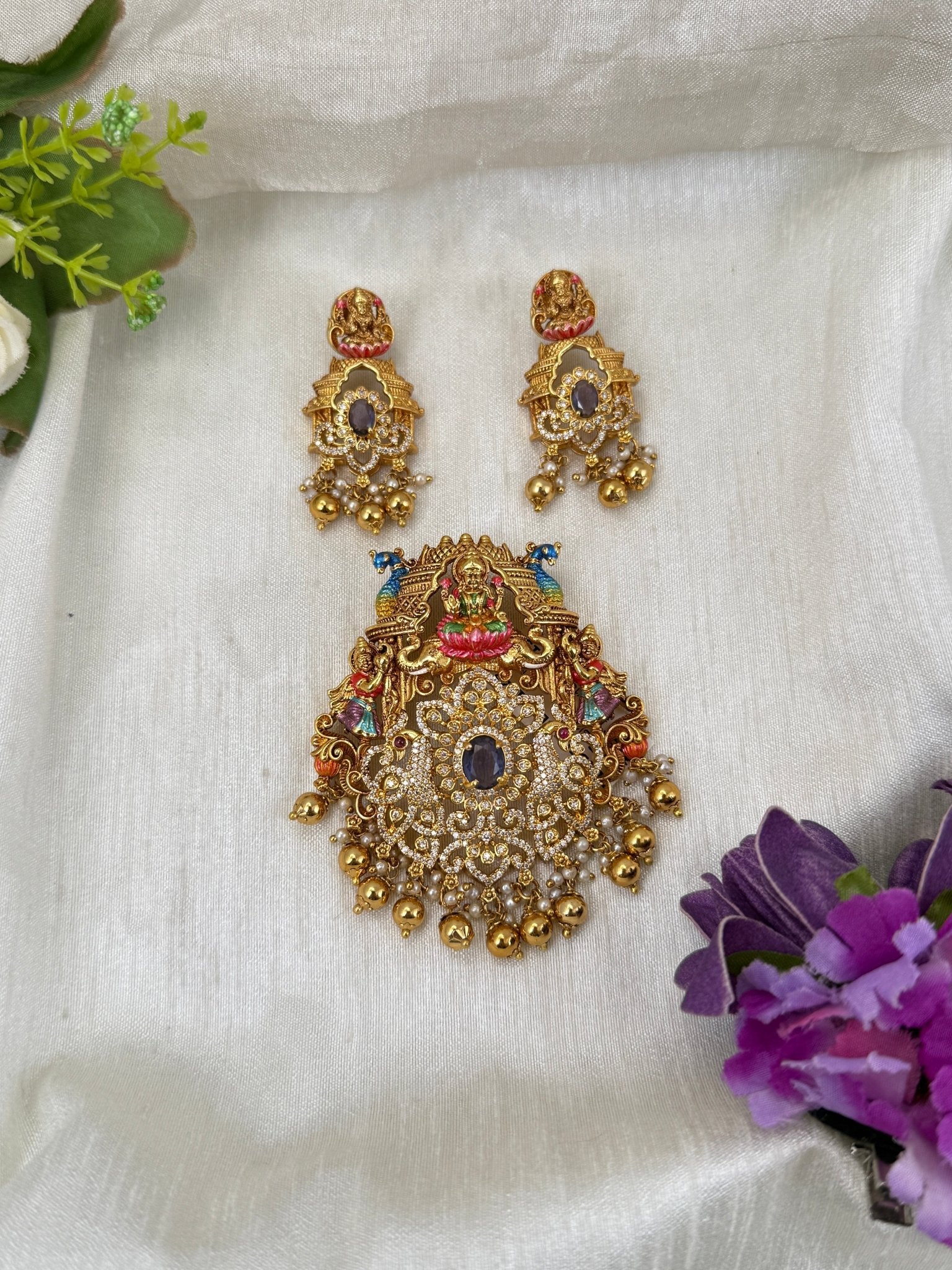 Luxurious Antique Hand Painted Lakshmi Pendant Set 239 - Mahilas