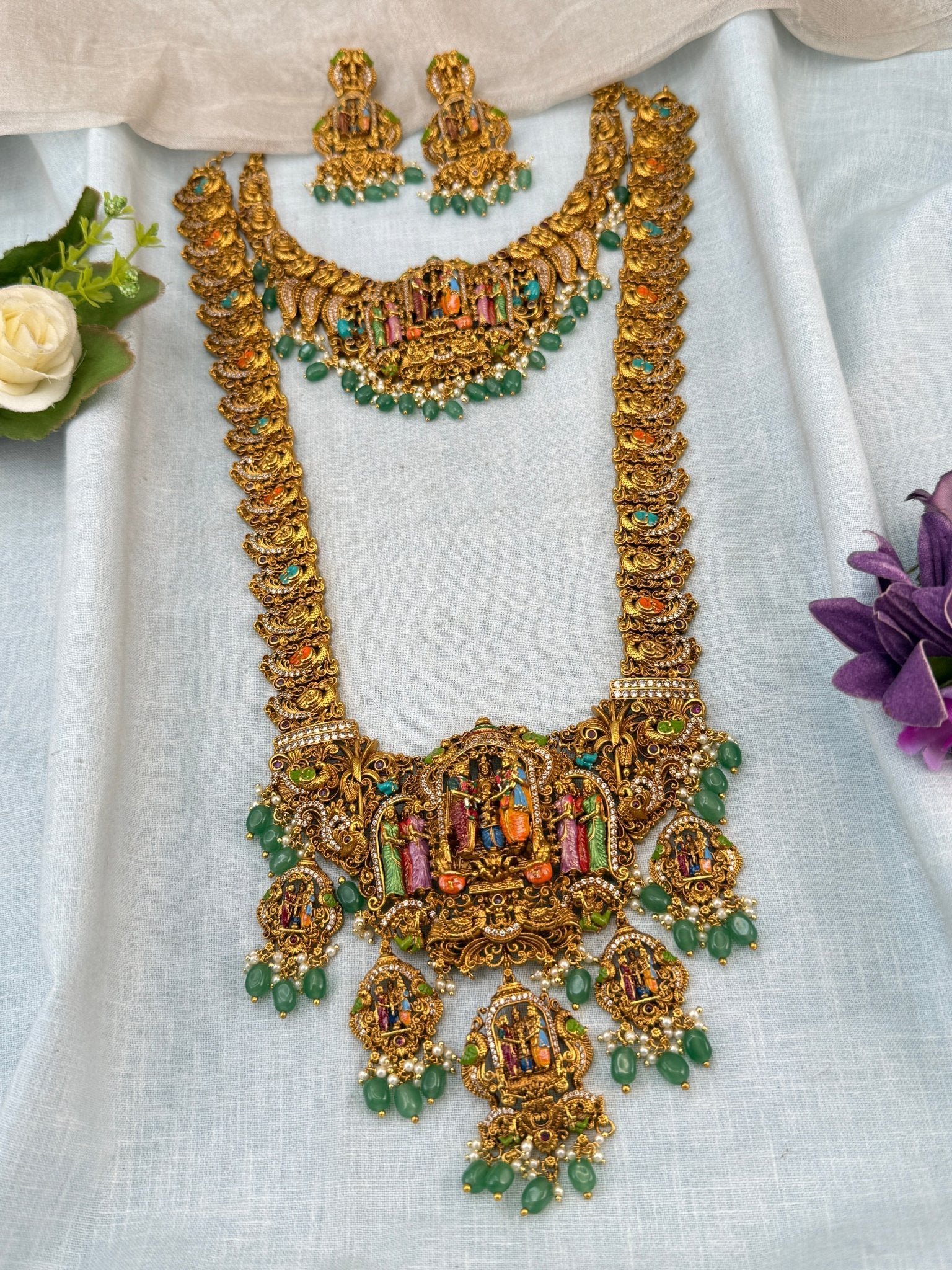 Luxurious Antique Hand Painted Srinivasa Kalyana Bridal Necklace Set 0838 - Mahilas