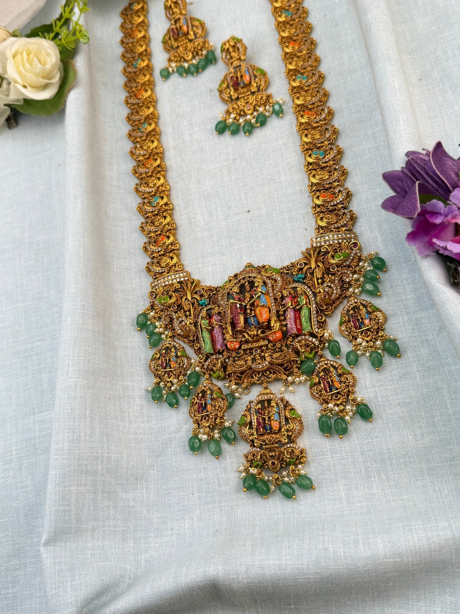 Luxurious Antique Hand Painted Srinivasa Kalyana Long Necklace Set 0834 - Mahilas