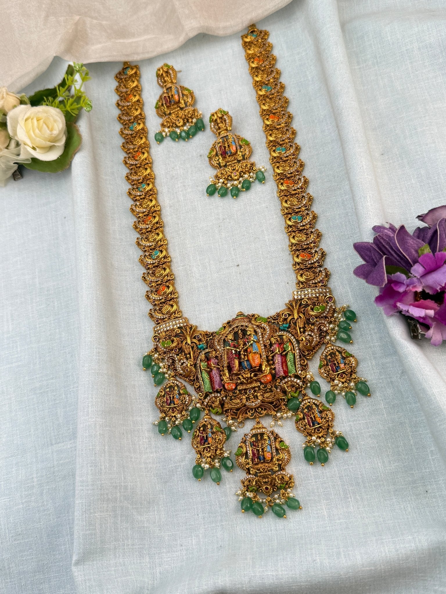 Luxurious Antique Hand Painted Srinivasa Kalyana Long Necklace Set 0834 - Mahilas