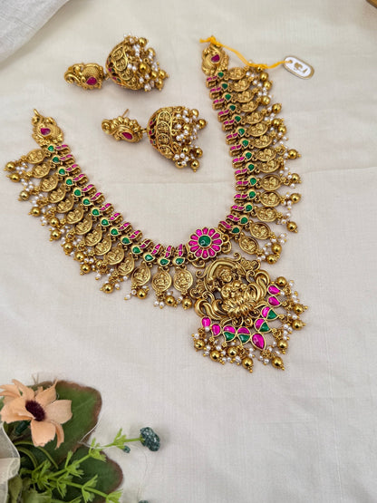 Luxurious Antique Jadau Kaasu Short Necklace Set 750 - Mahilas