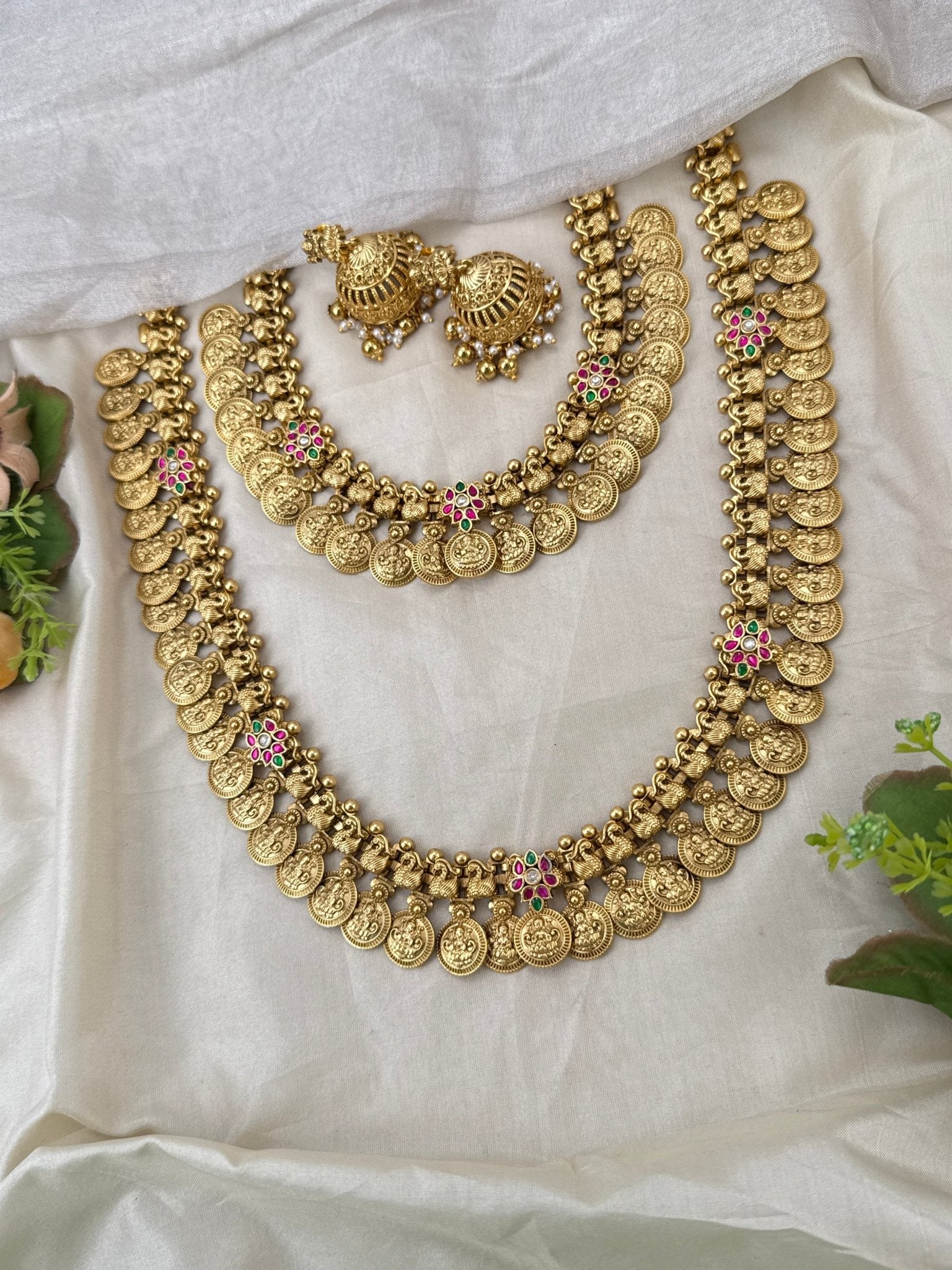 Luxurious Antique Kaasu Jadau Bridal Necklace Set 1027 - Mahilas