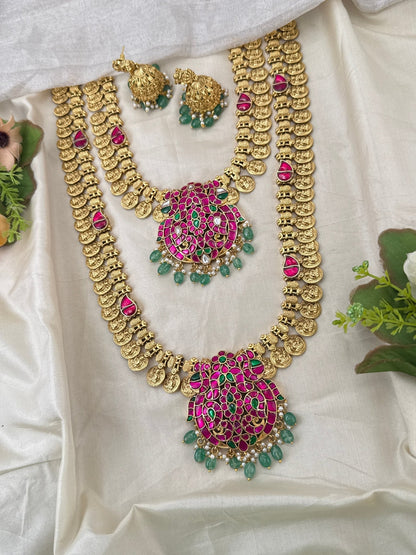 Luxurious Antique Kaasu Jadau Pendant Bridal Necklace Set 1026 - Mahilas