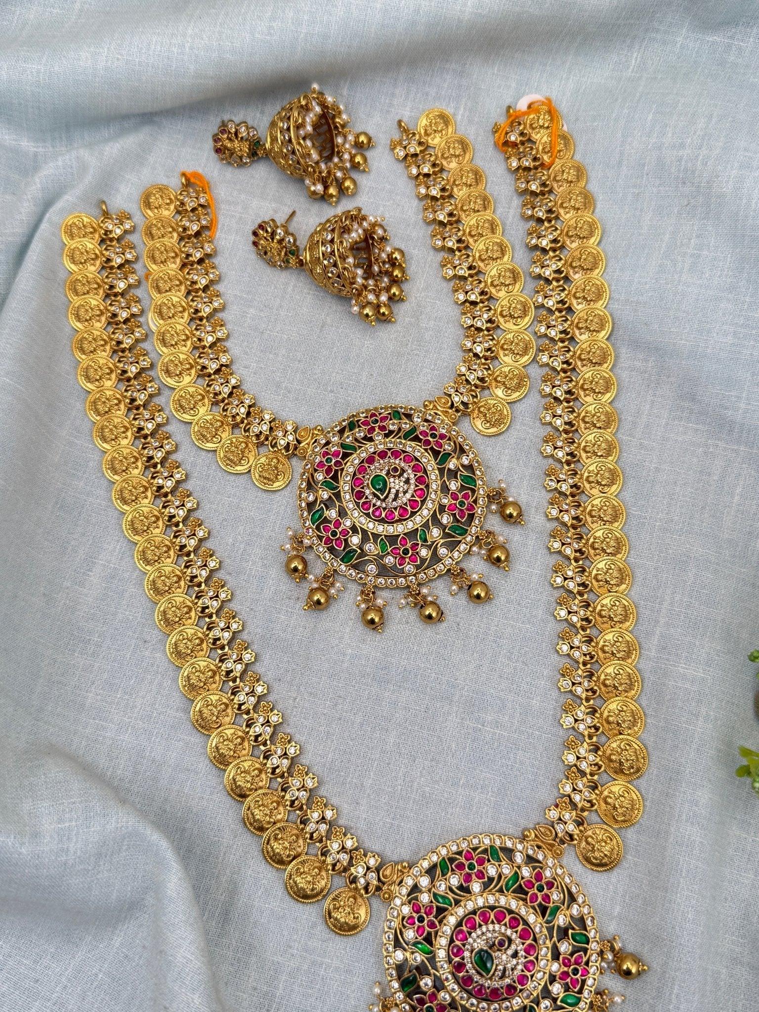Luxurious Antique Kaasu Jadau Pendant Full Necklace Set 0265 - Mahilas