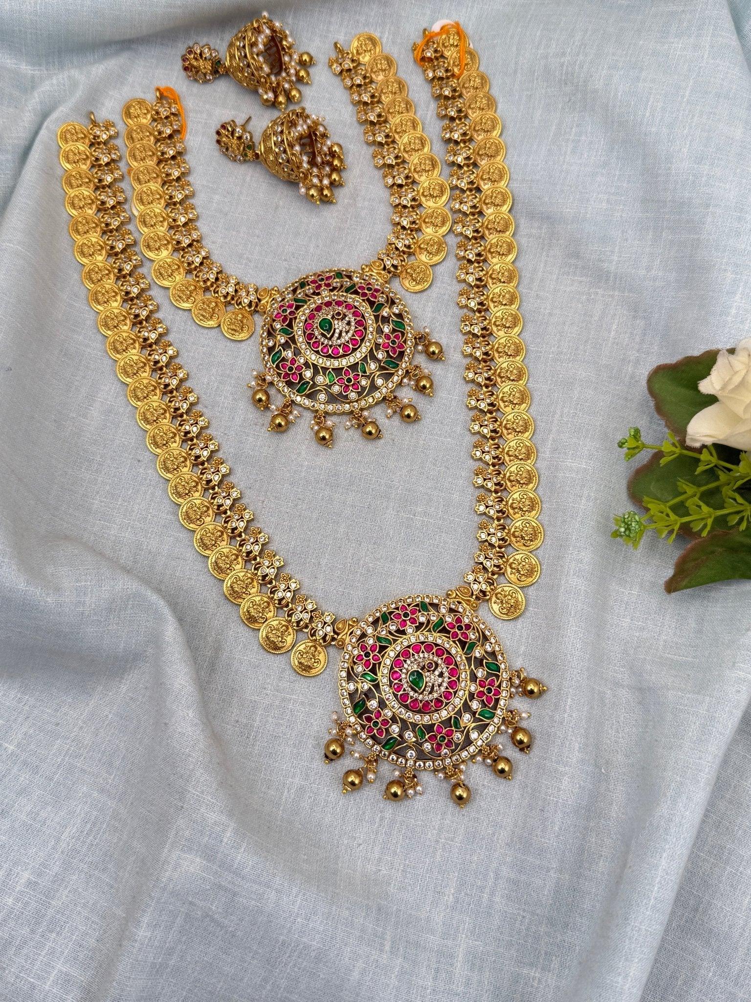Luxurious Antique Kaasu Jadau Pendant Full Necklace Set 0265 - Mahilas