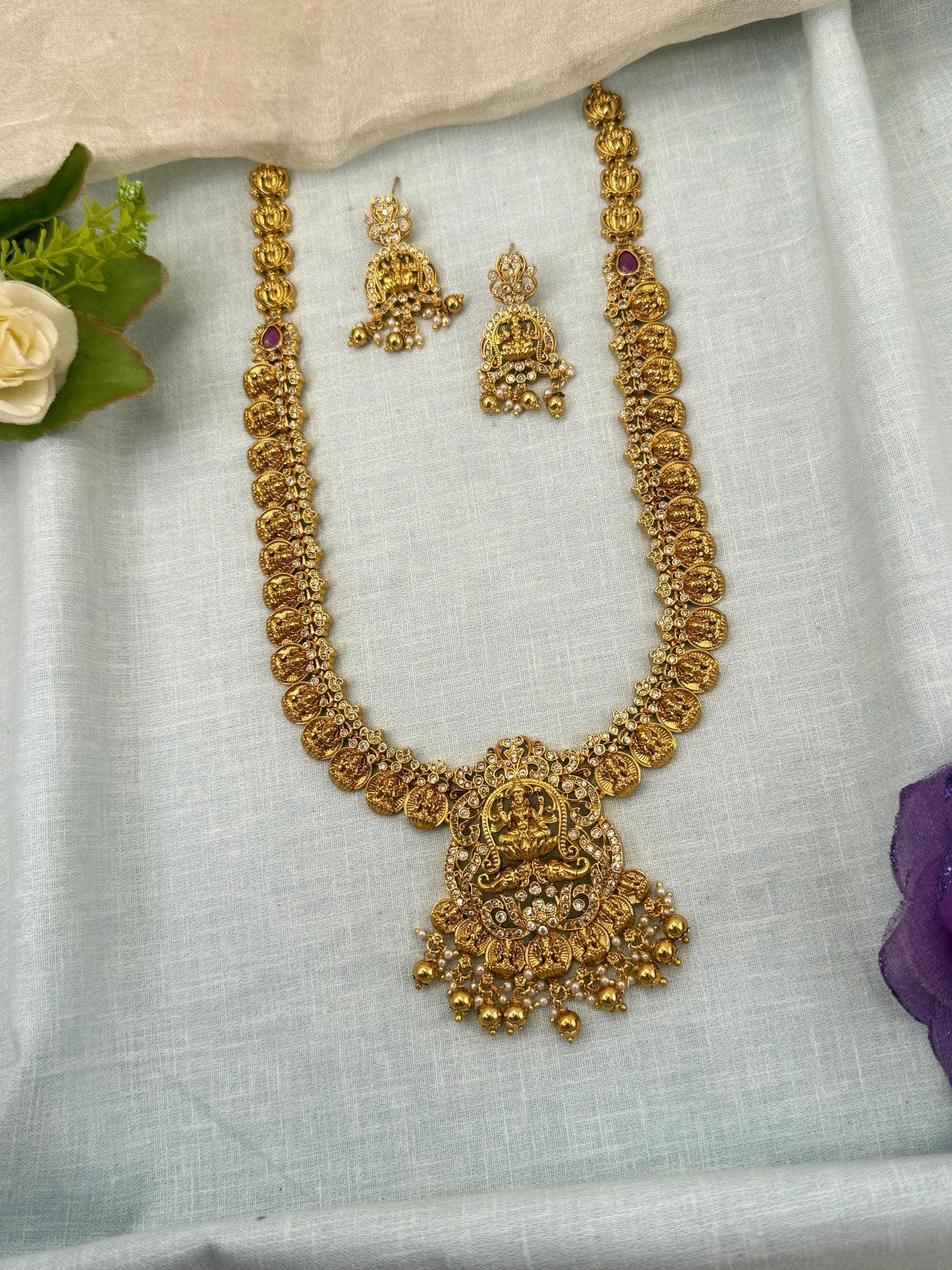 Luxurious Antique Kaasu Lakshmi Pendant Long Necklace Set 0684 - Mahilas