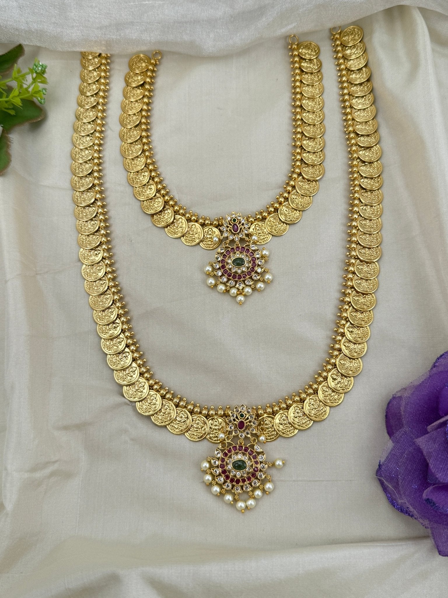 Luxurious Antique Kaasu Stone Pendant Necklace Set 0655 - Mahilas