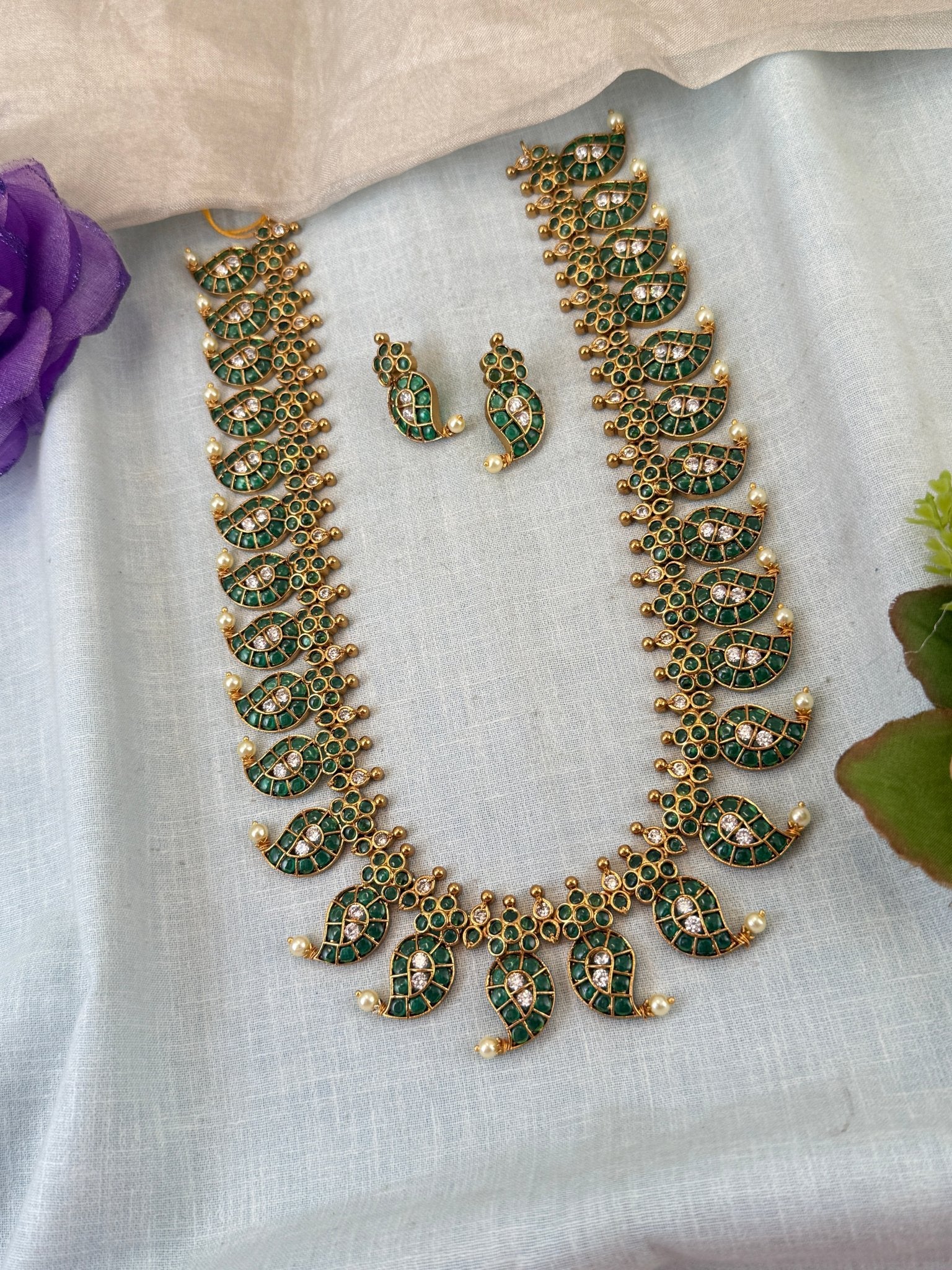 Luxurious Antique Kemp Mango Long Necklace Set 0854 - Mahilas