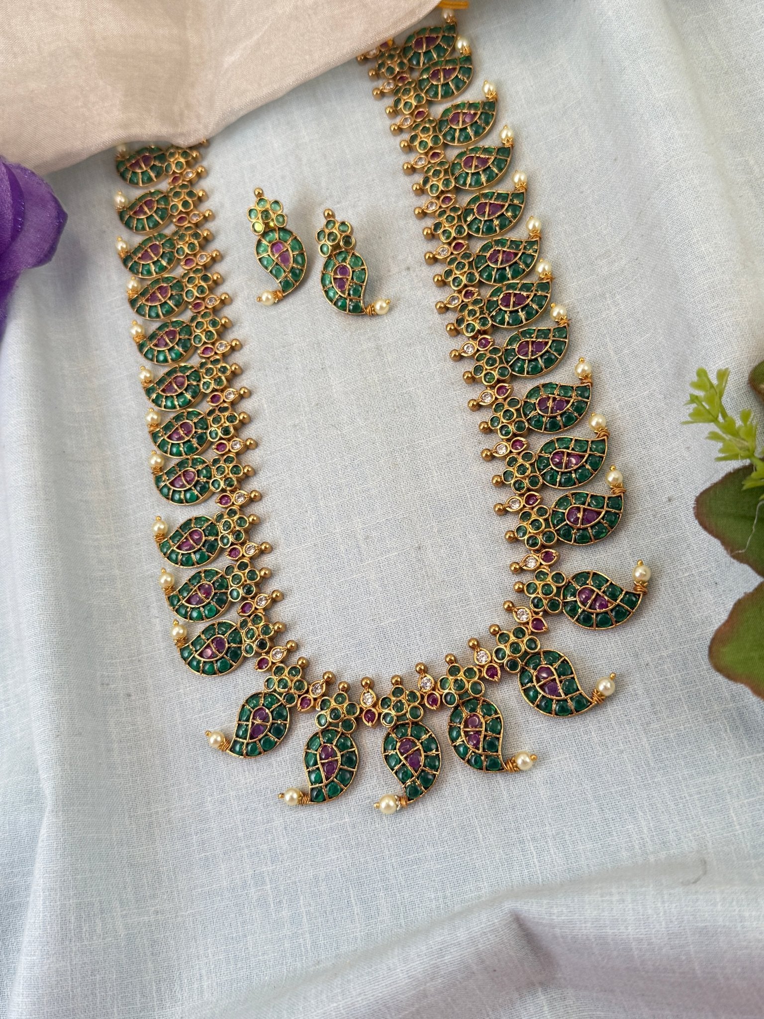 Luxurious Antique Kemp Mango Long Necklace Set 0855 - Mahilas