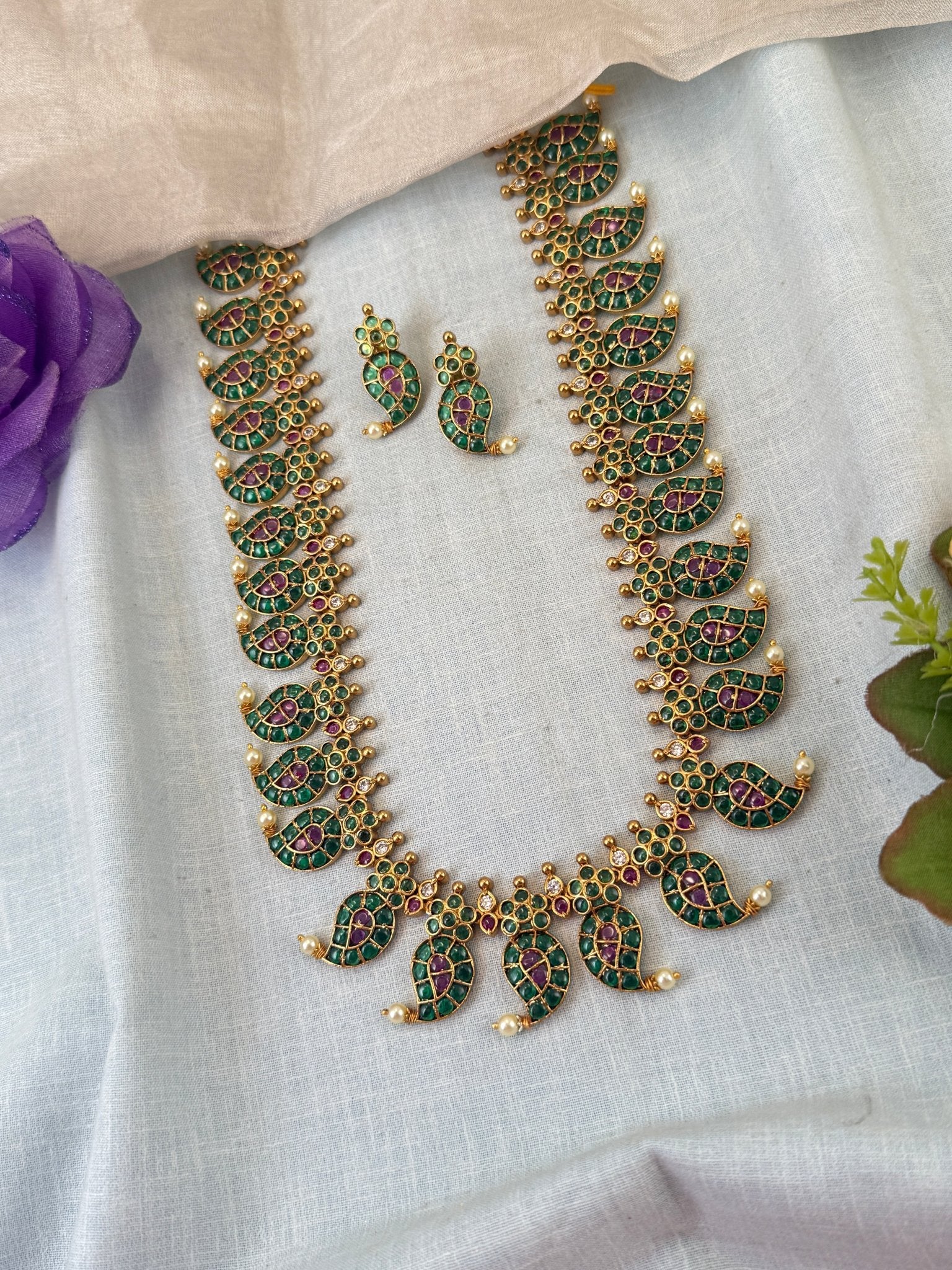 Luxurious Antique Kemp Mango Long Necklace Set 0855 - Mahilas