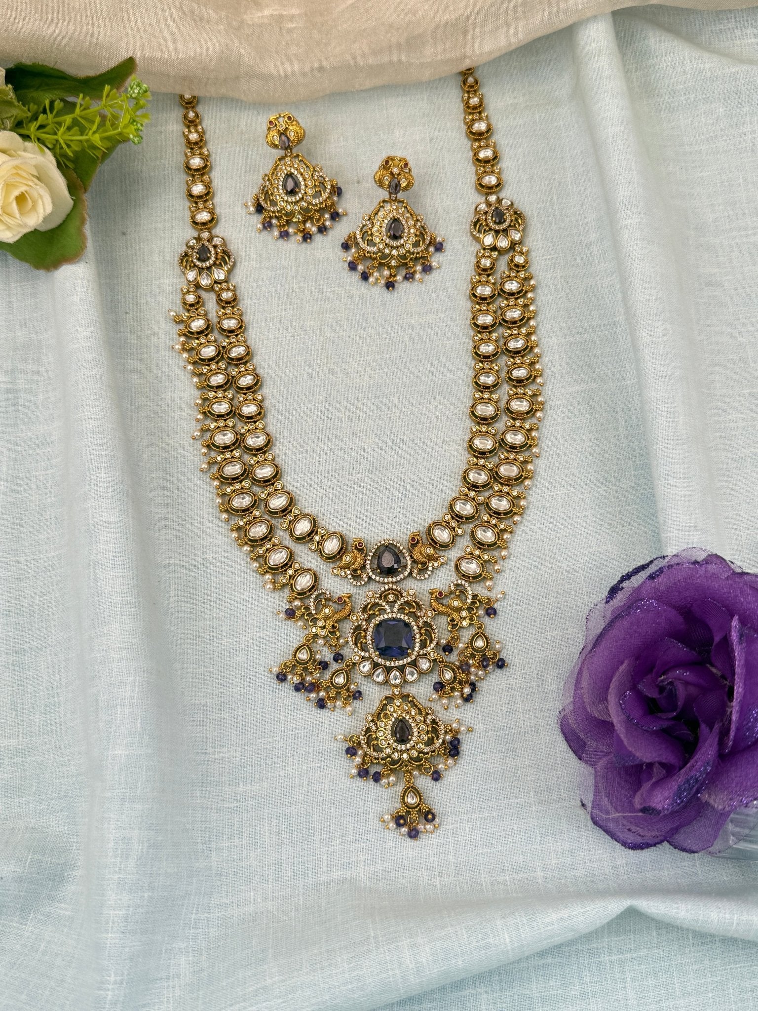 Luxurious Antique Kundan Layer Mid Long Necklace Set 5 Colors 0575 - Mahilas
