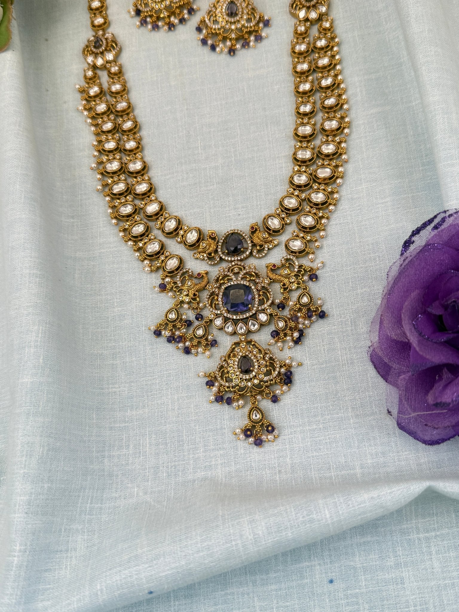 Luxurious Antique Kundan Layer Mid Long Necklace Set 5 Colors 0575 - Mahilas
