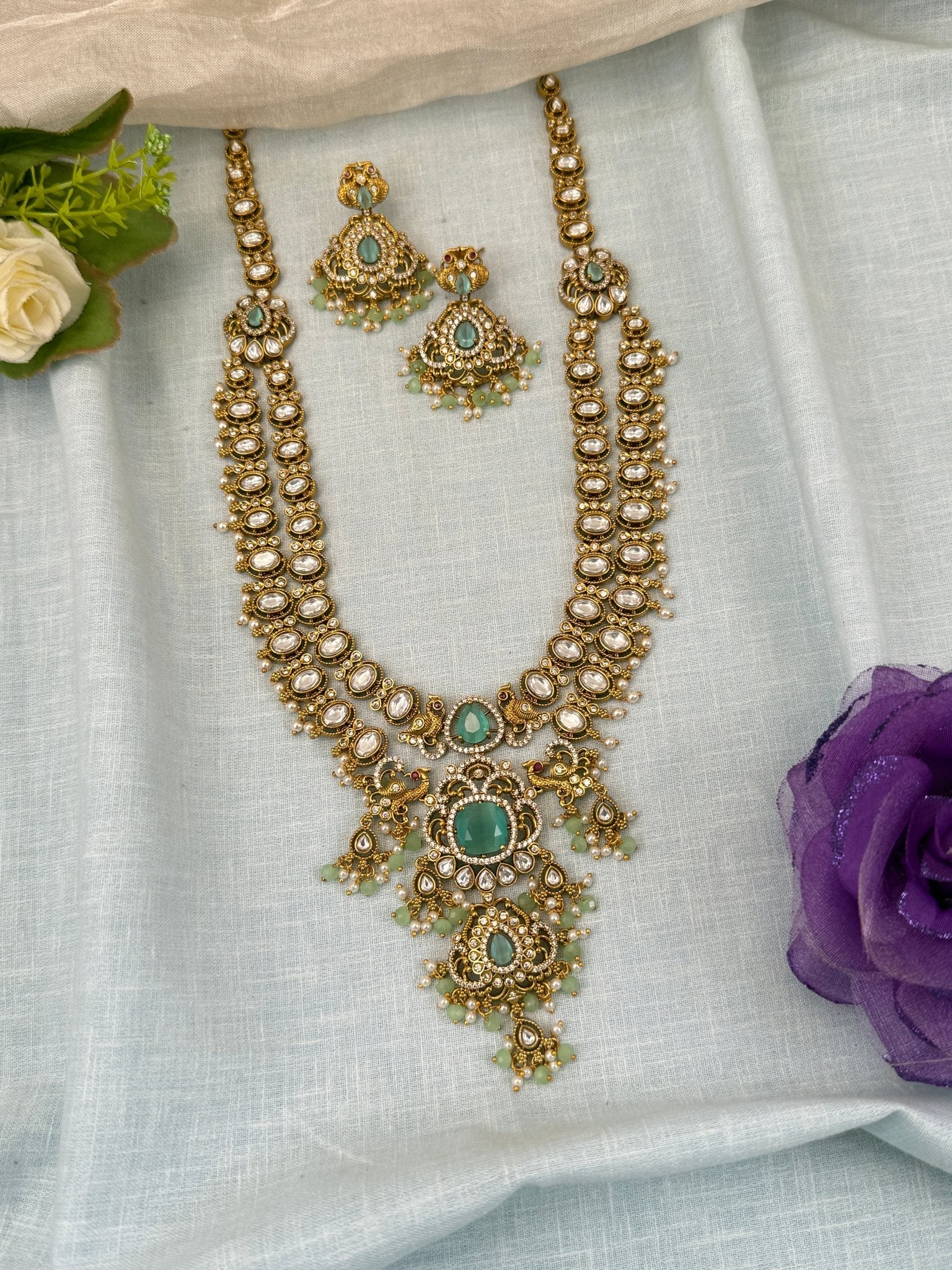 Luxurious Antique Kundan Layer Mid Long Necklace Set 5 Colors 0575 - Mahilas