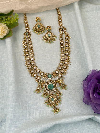 Luxurious Antique Kundan Layer Mid Long Necklace Set 5 Colors 0575 - Mahilas