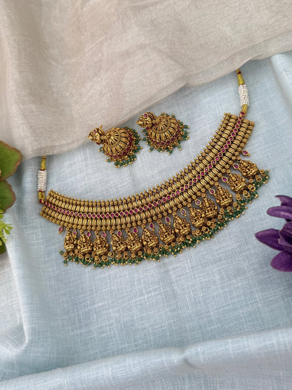 Luxurious Antique Lakshmi Choker Short Necklace Set 0910 - Mahilas