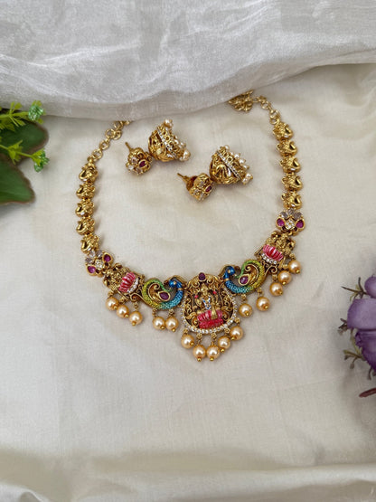 Luxurious Antique Lakshmi Hand Paint Short Necklace Set 0401 - Mahilas