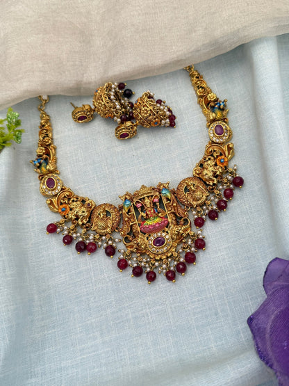 Luxurious Antique Lakshmi Hand Painted Short Necklace Set 0670 - Mahilas