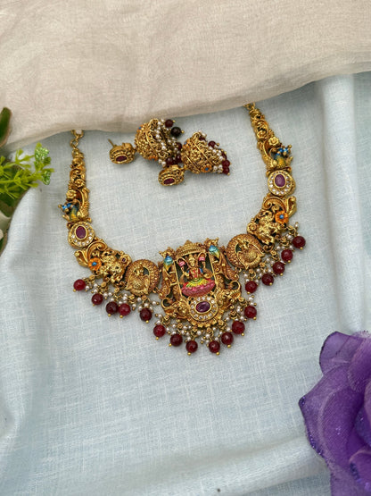Luxurious Antique Lakshmi Hand Painted Short Necklace Set 0670 - Mahilas
