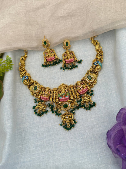 Luxurious Antique Lakshmi Hand Painted Short Necklace Set 0674 - Mahilas