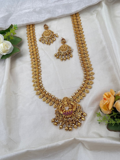 Luxurious Antique Lakshmi Kaasu Long Necklace Set 0756 - Mahilas