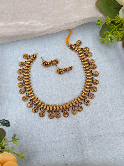 Luxurious Antique Lakshmi Kaasu Short Necklace Set 0172 - Mahilas
