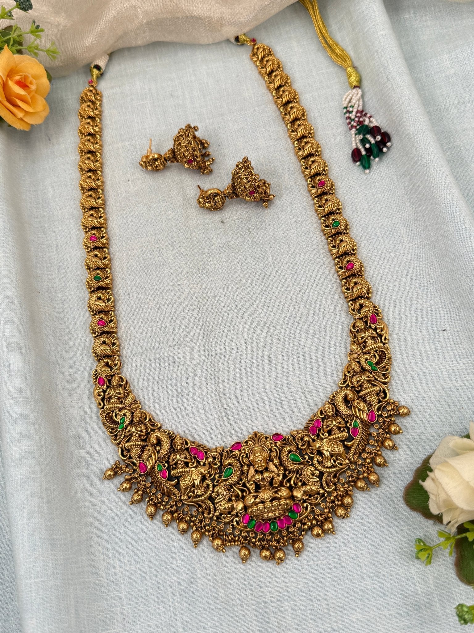 Luxurious Antique Lakshmi Long Necklace Set 0348 - Mahilas