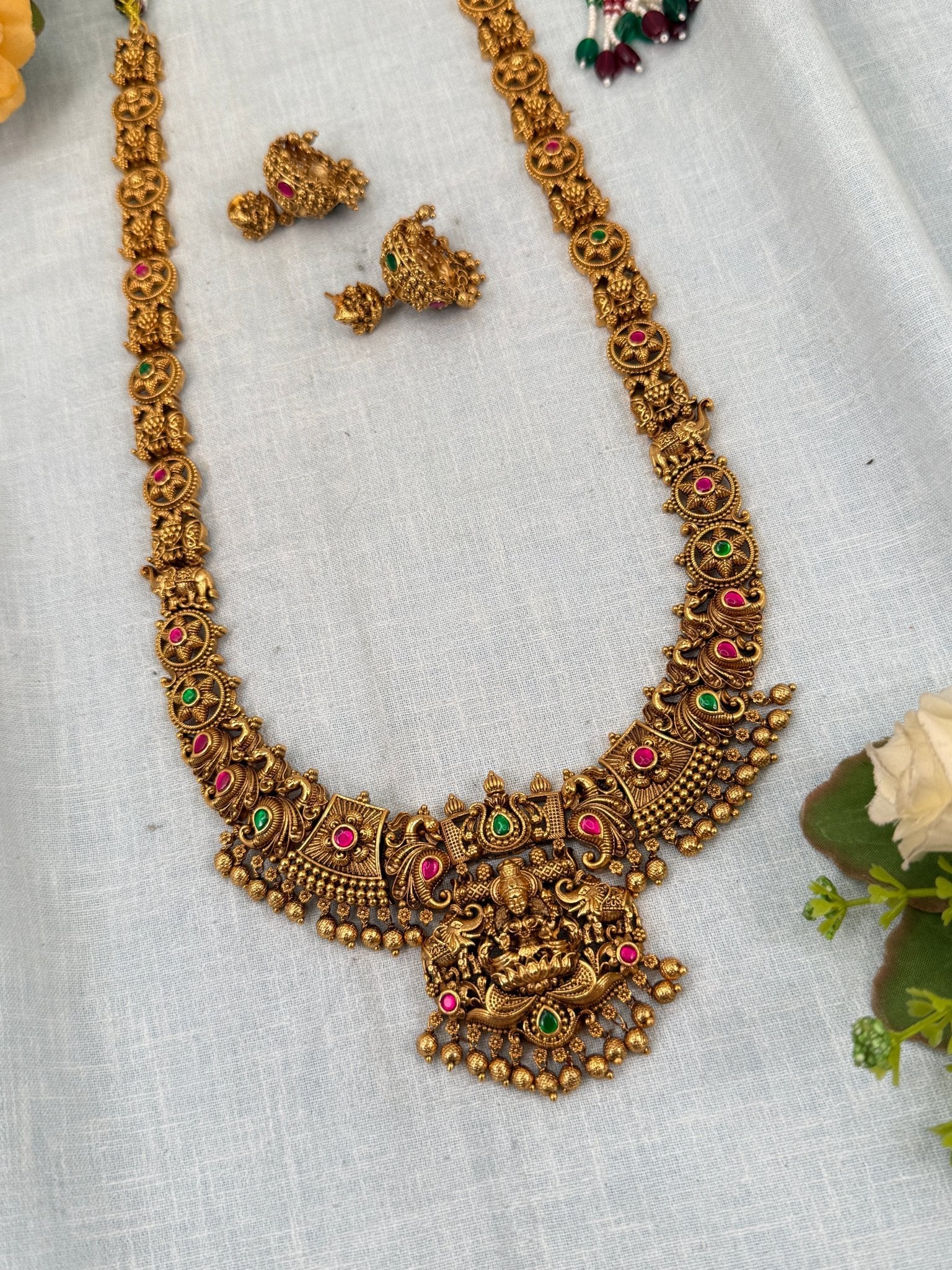 Luxurious Antique Lakshmi Long Necklace Set 0349 - Mahilas