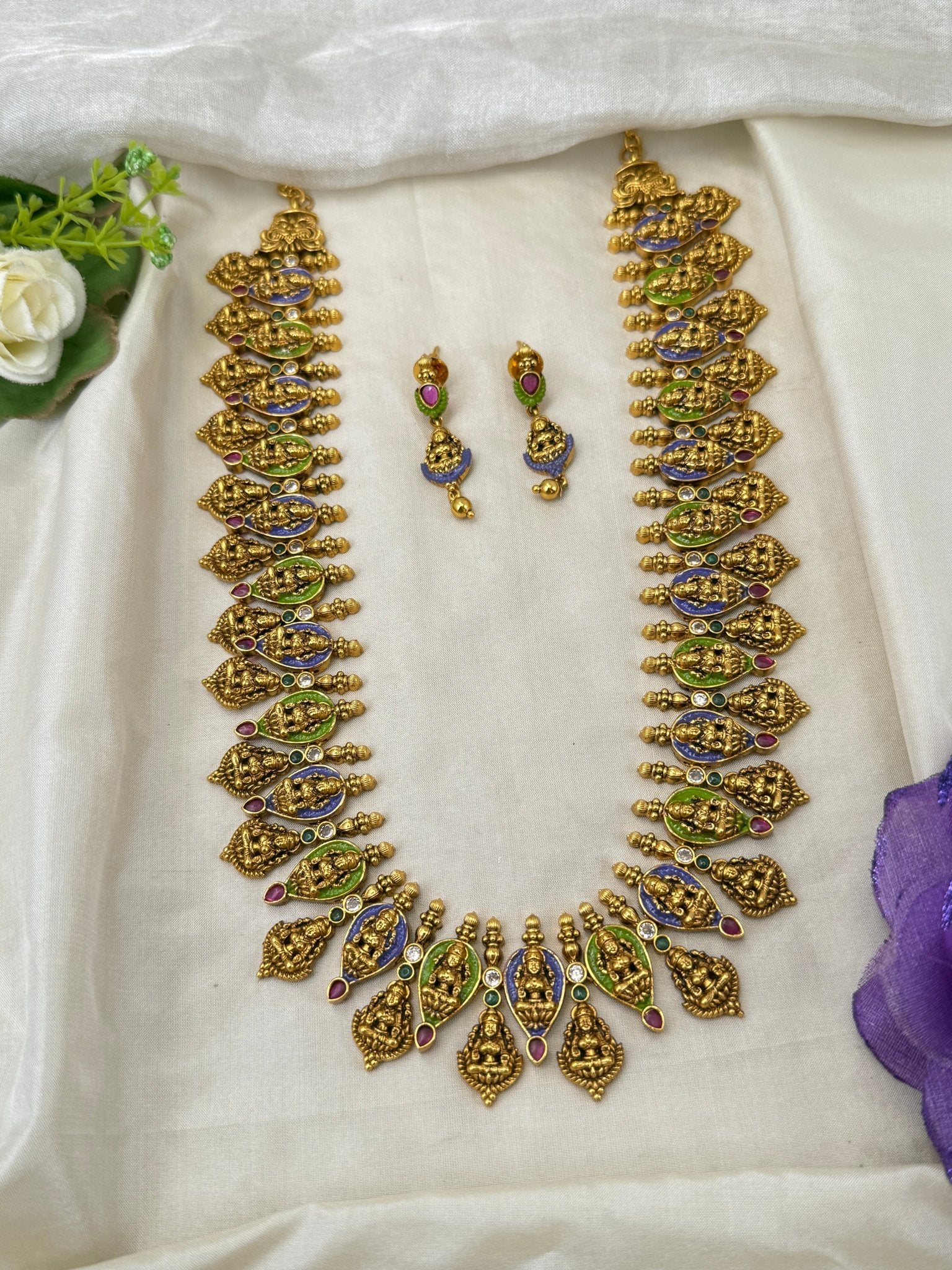 Luxurious Antique Lakshmi Long Necklace Set 0477 - Mahilas